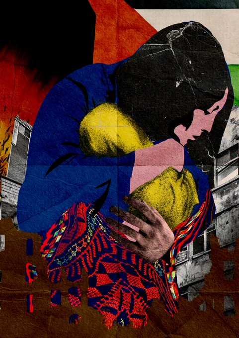 A colorful collage-style artwork depicts a figure in a blue hoodie cradling another figure wearing a black beanie, with patterned red and blue fabric, set against an abstract background with building facades.