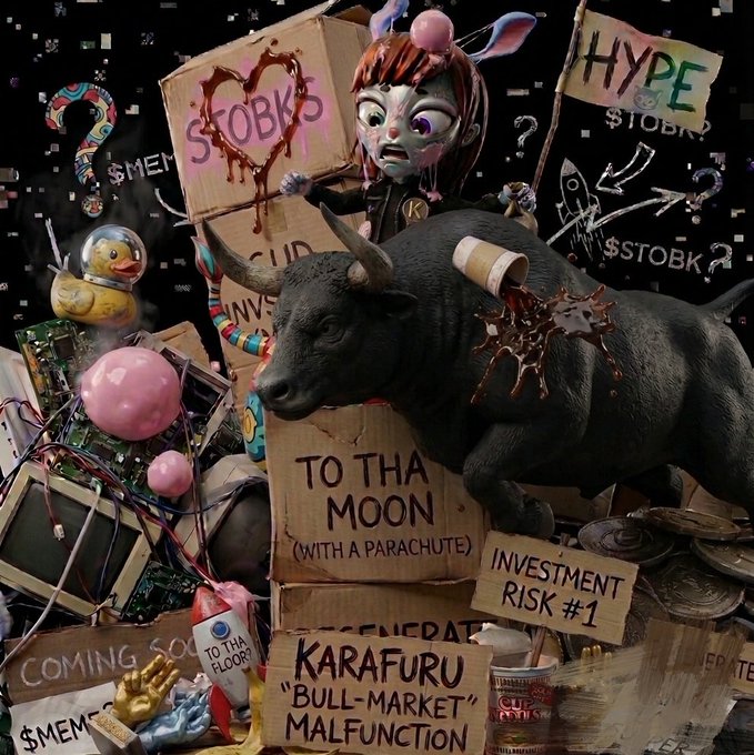 A chaotic digital collage featuring a black bull with a blood-splattered bandage, a creepy clown doll, and cardboard signs reading "$TOBKS", "HYPE", "TO THA MOON (WITH A PARACHUTE)", "INVESTMENT RISK #1", and "KARAFURU BULL-MARKET MALFUNCTION".