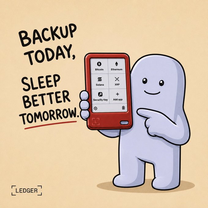 Ledger advertisement featuring a white ghost-like character holding a red crypto hardware wallet with the text 'BACKUP TODAY, SLEEP BETTER TOMORROW.'