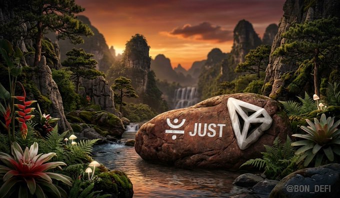 A fantasy landscape featuring a stone with a white triangular logo and the text 'JUST' beside an eye symbol, set in a lush valley with a waterfall at sunset, watermarked '@BON_DEFI'.