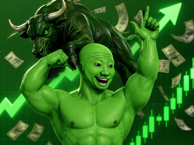 A green-toned illustration of a muscular man carrying a bull on his shoulders, surrounded by floating dollar bills, an upward green arrow, and a rising candlestick chart, symbolizing a bullish financial market.