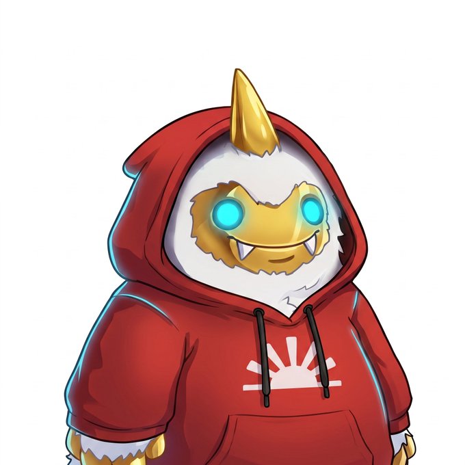 A cute yeti mascot wearing a red hoodie with a rising sun logo, representing Bulk Trade's new mascot for their leadership announcement in Trading Relations, symbolizing the blend of friendly branding with the strength to solve onchain perps' speed, execution, and capital efficiency trilemma.