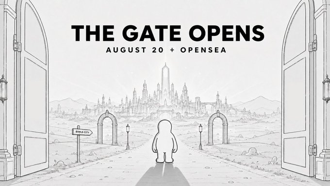 A black and white illustration advertises 'THE GATE OPENS AUGUST 20' on OpenSea, depicting a character looking through open doors toward a fantasy kingdom called 'BIBLI CITY'.