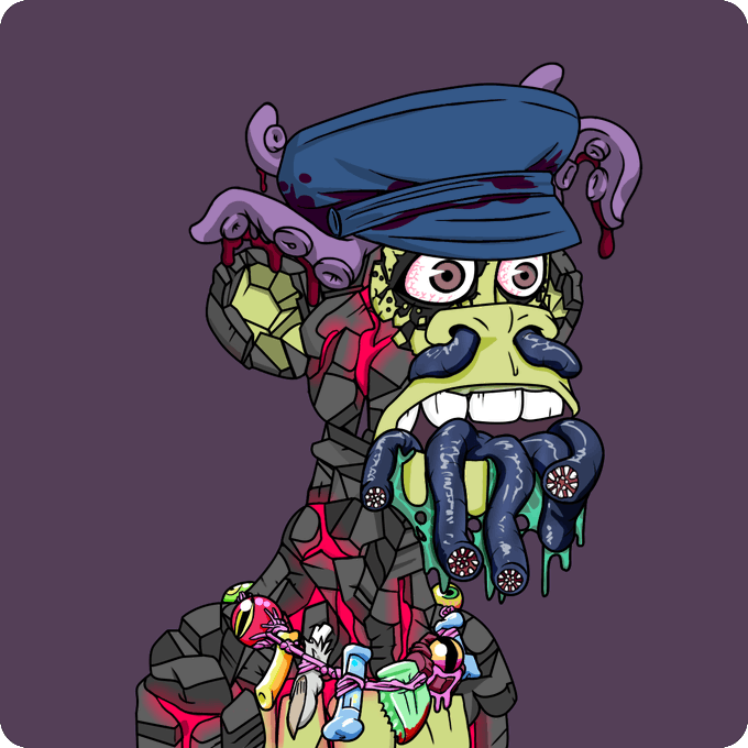 A grotesque cartoon zombie character with green skin, a blue military cap, a mustache, and octopus-like tentacles emerging from its mouth, adorned with various small creatures.