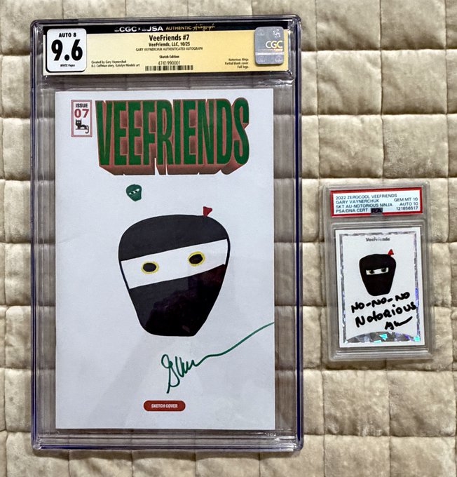 A graded CGC 9.6 CGC Signature Series copy of 'Veefriends #7' (Veefriends, LLC, 1st/25) by Gary Vaynerchuk is shown next to a PSA 10 signed 'No-No-No Notorious' trading card featuring the same character.