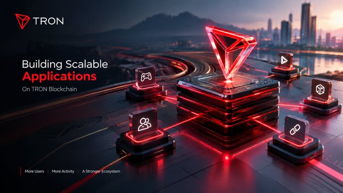 A TRON-branded promotional image titled 'Building Scalable Applications On TRON Blockchain' features a glowing red TRX diamond symbol surrounded by icons representing gaming, user profiles, and connectivity, with tagline 'More Users, More Activity, A Stronger Ecosystem.'