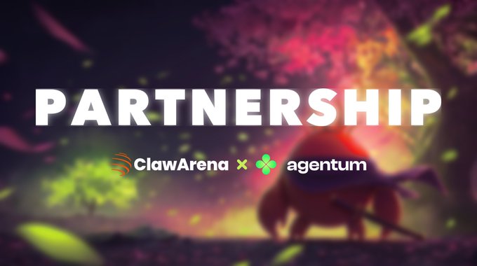 A promotional graphic announcing a 'PARTNERSHIP' between ClawArena and agentum, set against a dark forest background with a glowing red character.