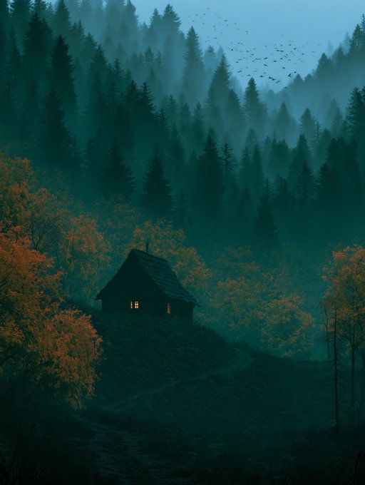 A solitary cabin with warmly glowing windows nestles on a misty, forested hillside, surrounded by autumn trees and a flock of birds drifting through the foggy twilight sky. This atmospheric, moody artwork captures the quiet solitude that complements the heartfelt exchange of art between collector and creator.