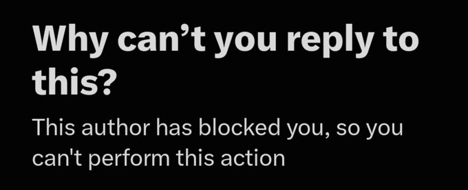 A screenshot of a social media error message on a black background reading "Why can't you reply to this? This author has blocked you, so you can't perform this action," suggesting the user has been blocked by an XRP (XRP) related account.