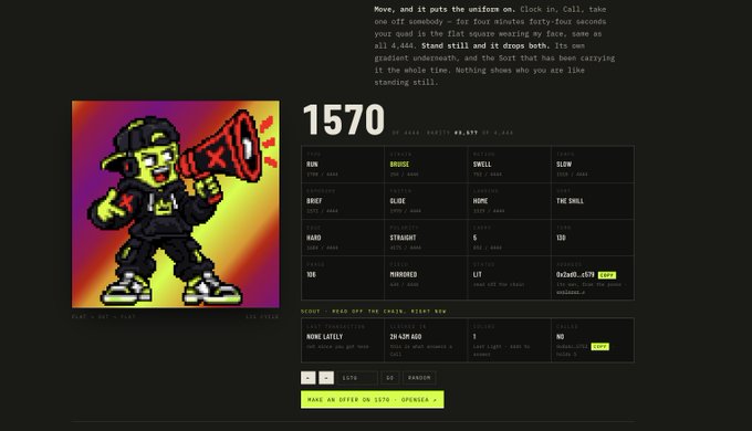 A punk-style pixel art character holding a red megaphone next to text '1570' on what appears to be a NFT metadata page. The artwork is part of the 'RUN' collection with attributes like BAGGIE, SWILL, SLOW, GLIDE, NONE, and THE SWILL, and is listed for 29.429 AROR.