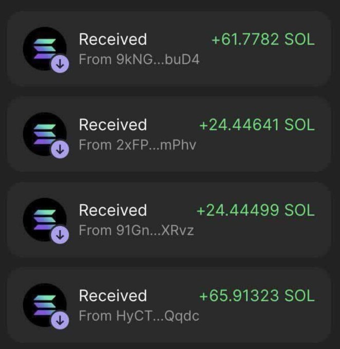 A screenshot showing multiple cryptocurrency wallet notifications on a dark background, indicating received Solana (SOL) transactions from various anonymous wallet addresses.