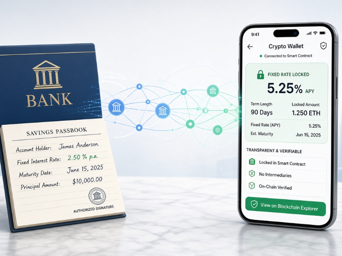 A traditional bank savings passbook for "James Anderson" offering 2.50% p.a. over a 90-day term sits beside a smartphone displaying a DeFi crypto wallet with 1.250 ETH locked at 5.25% APY until Jun 15, 2025, illustrating the parallel between familiar fixed-rate bank products and transparent, smart-contract-based crypto savings.