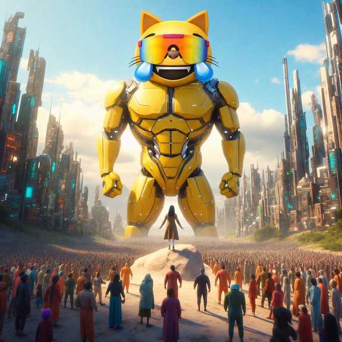 A futuristic sci-fi illustration featuring a giant golden cat-like robot wearing rainbow sunglasses, standing before a massive crowd and futuristic city, with a person on a rock facing it.