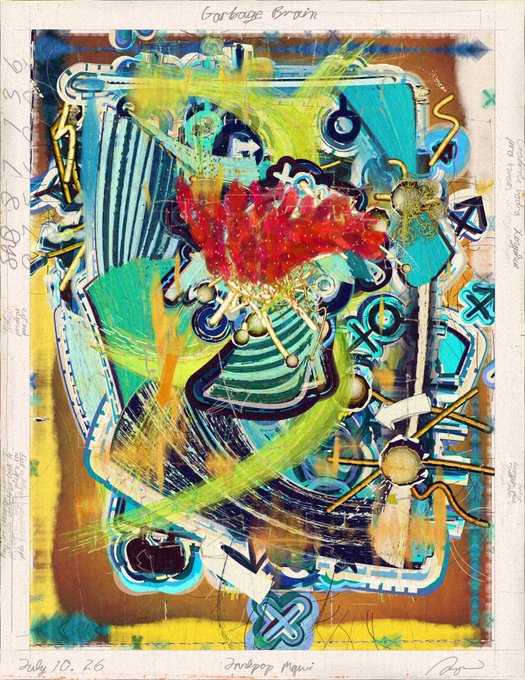An abstract mixed-media artwork titled 'Garbage Brain' dated 'July 10. 26' by 'Andreas Nair', featuring chaotic layers of paint, mechanical shapes, and a central red burst on a gridded background.
