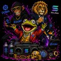 The image shows a vibrant DJ-themed illustration featuring an anthropomorphic frog operating a turntable, accompanied by a lion wearing sunglasses and a chain, set against a neon backdrop with the word "LOOP" displayed. The post connects by suggesting the DJ/music imagery represents the creator program's "mixing" of revenue streams—50% volume, 30% referrals, and 20% content—turning promoter engagement into liquidity rather than just social media chatter.