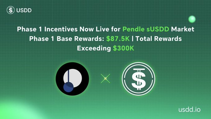 The image shows two circles with different colors that are positioned at opposite ends of a green color gradient background, set against white text. The text appears to be part of a promotional banner for an incentive program by the USDD, providing details about the program's offerings and benefits, including an expected total return of $300K from the exchange of the two coins featured in the image (a blue coin on one side and a green coin on the other).