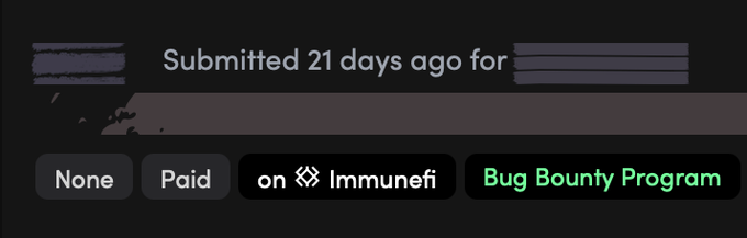 A screenshot snippet showing "Submitted 21 days ago for" with tags including "None", "Paid", "on Immunefi", and "Bug Bounty Program".