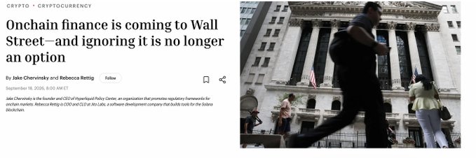 A news article from Fortune dated September 18, 2026, headlined "Onchain finance is coming to Wall Street—and ignoring it is no longer an option," by Jake Chervinsky and Rebecca Rettig, accompanied by an image of the New York Stock Exchange building. The article signals Wall Street's growing recognition that blockchain-based financial markets are becoming a competitive force against traditional infrastructure.
