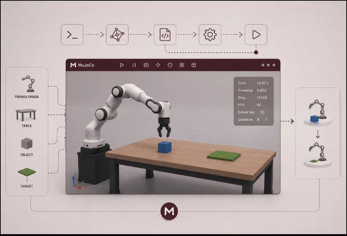 A MuJoCo physics simulation interface displays a Franka Panda robotic arm on a table, with workflow icons for command, simulation, and execution, plus a panel showing statistics like Time 12.45s, FPS 50, and Solver Iterations 50.