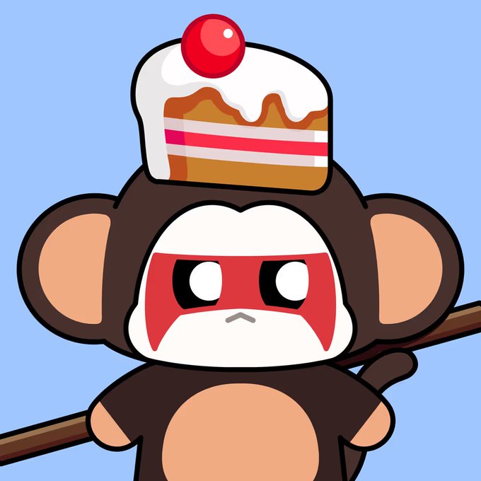 A cartoon illustration of a monkey character wearing a slice of cake on its head and a red face mask, holding a wooden stick.