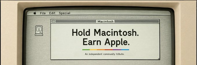 A retro-styled image of an old Macintosh computer screen displaying 'Hold Macintosh. Earn Apple.' with the tagline 'An independent community tribute' and the classic rainbow Apple logo.