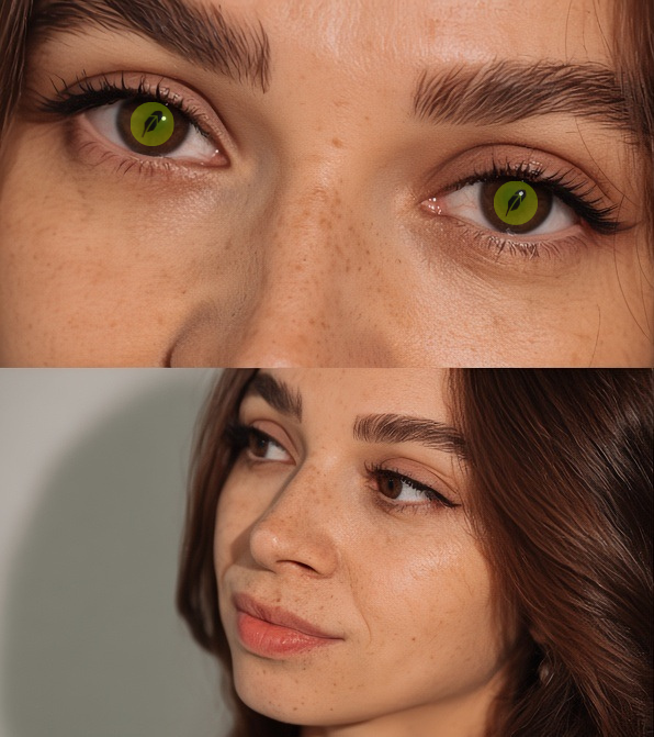 A split image showing a close-up of a person's green snake-like eyes at the top and a freckled woman with brown eyes looking to the side at the bottom.