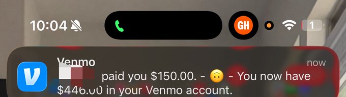 An iPhone notification from Venmo showing that a user paid you $150.00, bringing your account balance to $546.60.