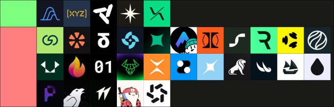 A colorful collage or grid of various logos, icons, and brand marks, including "[XYZ]", a watermelon, a flame, "01," an owl, and an American football, arranged against a black background.