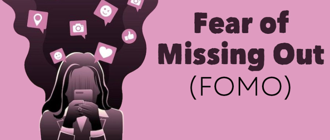 A pink-toned illustration depicting a distressed figure with social media and engagement icons (heart, camera, thumbs up, location pin, smiley) floating above their head, accompanied by bold text reading "Fear of Missing Out (FOMO)"—visually capturing the anxiety of constant online connectivity that the post references in describing a crypto trader's $907,000 loss from impulsive FOMO-driven decisions.