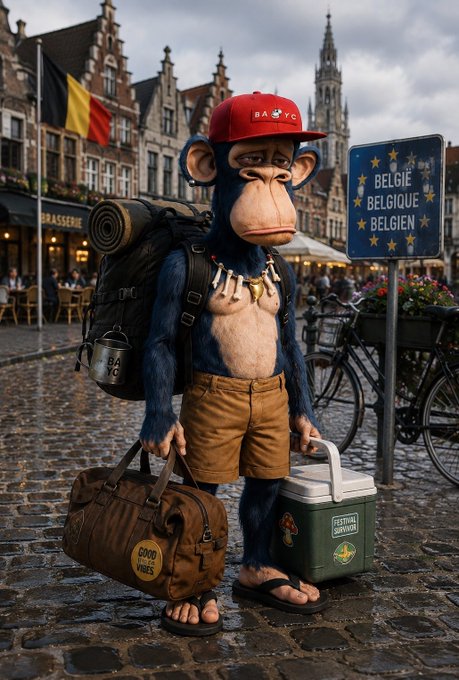 A 3D-rendered chimpanzee wearing a red cap stands on a cobblestone street in Belgium, carrying a backpack, duffel bag, and cooler, with a 'BELGIE BELGIQUE BELGIEN' sign nearby.