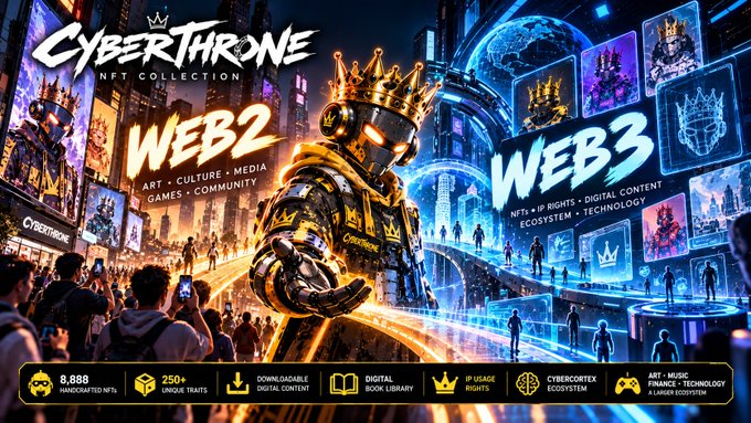 Promotional graphic for the 'CyberThrone NFT Collection' contrasting WEB2 (Art, Culture, Media, Games, Community) with WEB3 (NFTs, Rights, Digital Content, Ecosystem, Technology), featuring 8,888 handcrafted NFTs, 250+ unique traits, and a crown-wearing cyberpunk character.