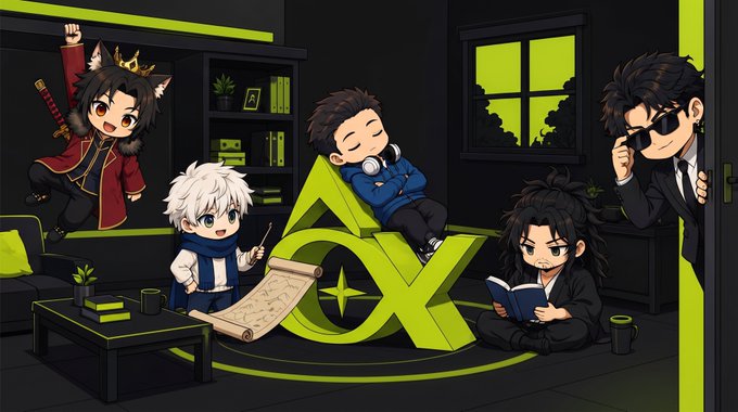 An anime-style illustration of five characters with dark hair posing around a large green symbol with a diamond pattern, set in a darkly lit room.