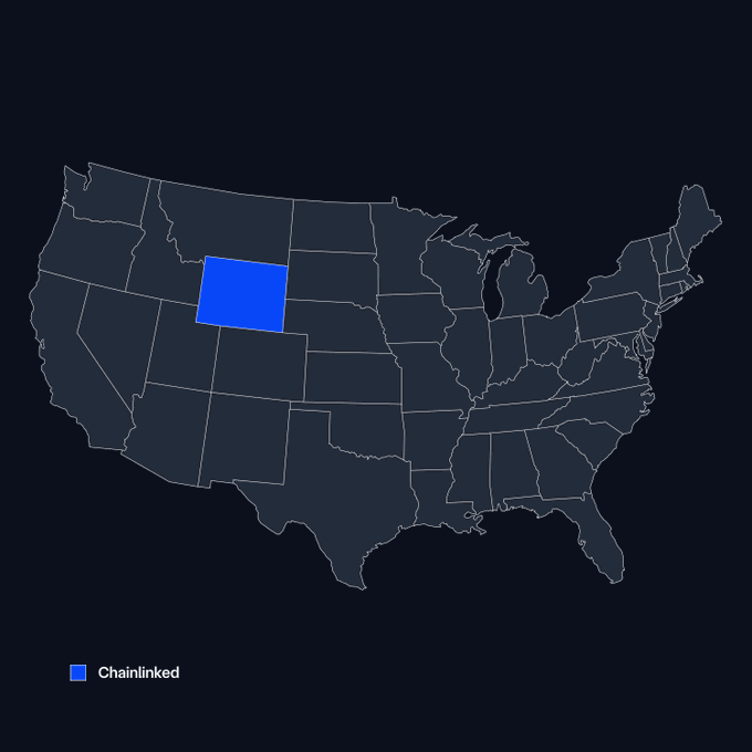 A dark map of the United States with the state of Wyoming highlighted in blue, labeled 'Chainlinked' in the legend.