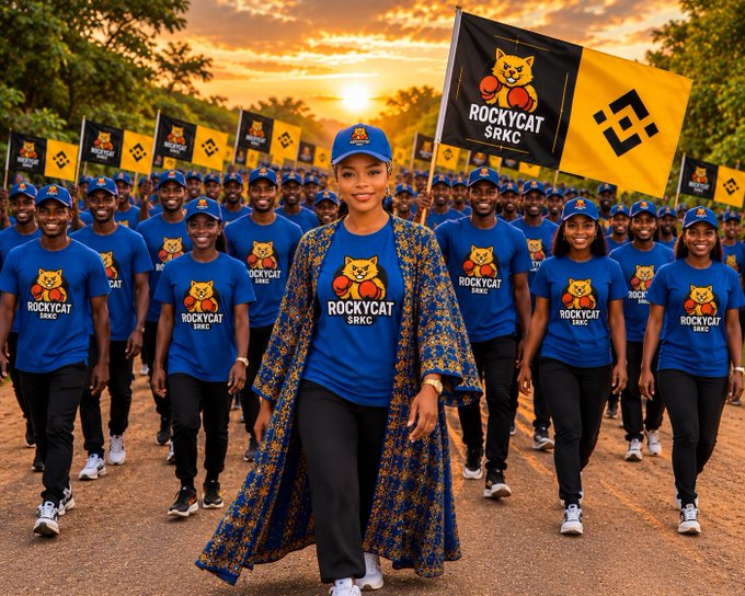 An AI-generated image depicting a large group of people wearing matching blue 'ROCKYCAT $RKC' t-shirts and caps, marching behind a leading woman holding a flag with the same logo and a Binance-style symbol at sunset.
