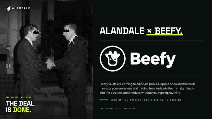 An advertisement graphic titled 'ALANDALE x BEEFY.' shows two pixelated figures shaking hands with text announcing 'THE DEAL IS DONE.' and detailing how 100% of trading fees are vaulted.