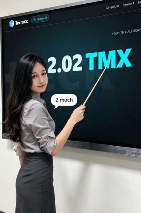 A teacher points at a digital display showing "2.02 TMX" with a speech bubble reading "2 much," playfully illustrating the "too much" phrase and her TMX token allocation shown in the top right corner. The image ties together the educational English lesson ("too much = 2 much") with the crypto token promotion referenced in the post.