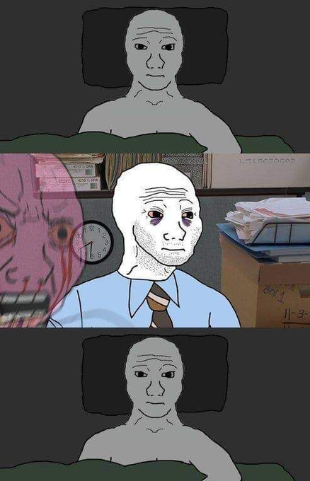 This meme depicts the progression from hopeful anticipation to the grim reality of working, contrasting with the post's optimism about the "2026 Bull Run." The image shows a character in bed, then at a desk with a clock showing 11:30, and finally back in bed, with a distorted, screaming face in the background of the middle panel.
