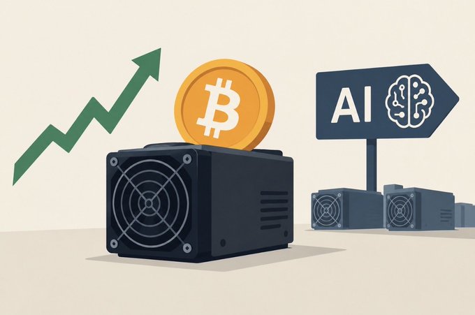 A stylized crypto and AI illustration shows a rising green arrow, a gold Bitcoin coin, black computer hardware, and a sign labeled "AI".