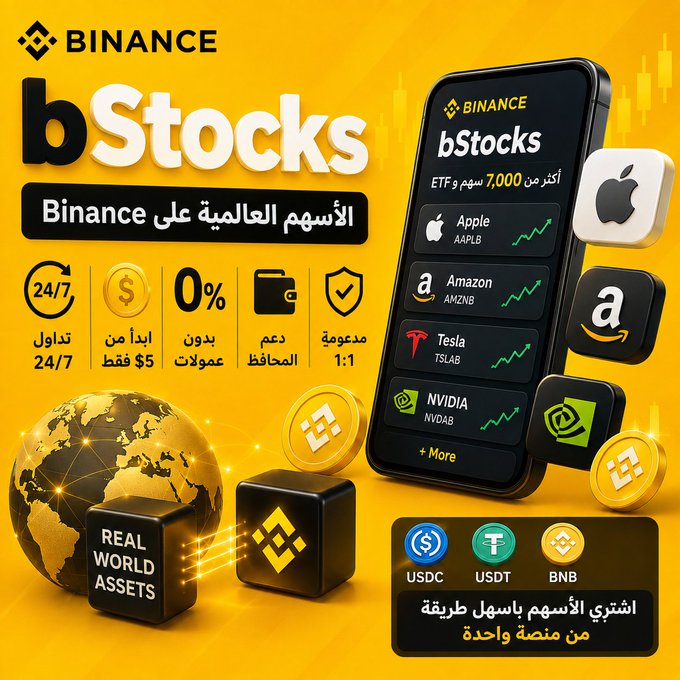 The image is a Binance promotional graphic for "bStocks" featuring a smartphone interface displaying ETF listings for Apple (AAPLB), Amazon (AMZNB), Tesla (TSLAB), and NVIDIA (NVDAB), with Arabic text highlighting 24/7 trading, $5 minimum deposits, 0% commission, and 1:1 asset backing. It visually supports the post's message by showcasing how Binance now allows users to buy traditional stocks like Apple and Amazon alongside cryptocurrencies like Bitcoin and BNB, with USDC and USDT listed as accepted payment methods for easy stock purchases from a single platform.