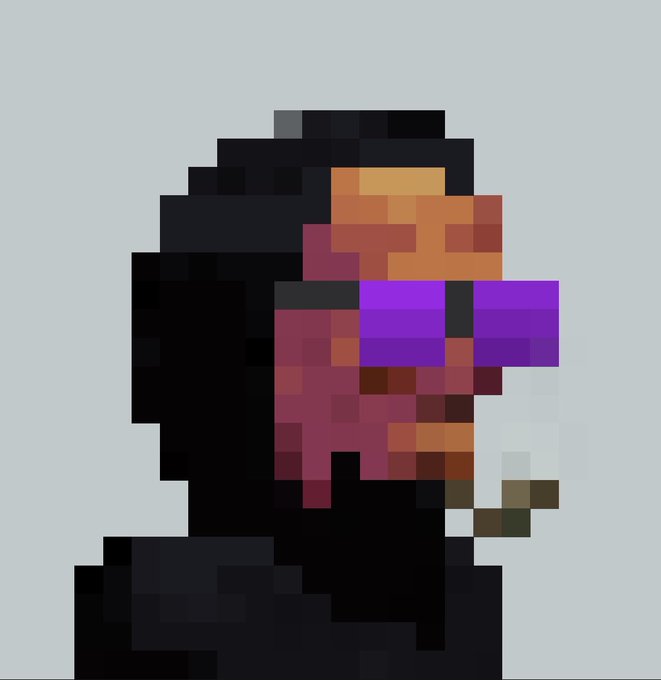 A pixel art side profile of a figure wearing a black hood or coat, featuring orange skin tones and a white/grey object near the face against a light blue background.