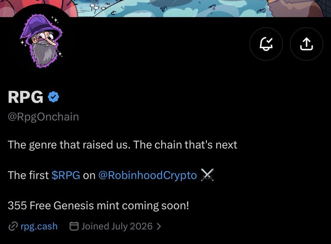 Twitter/X profile for RPG (@RpgOnchain), reading: 'The genre that raised us. The chain that's next. The first $RPG on @RobinhoodCrypto. 355 Free Genesis mint coming soon!'