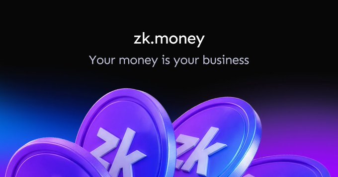 Promotional banner for "zk.money" with the tagline "Your money is your business," featuring stylized purple coins emblazoned with the "zk" logo against a dark gradient background, announcing the relaunch of the private transaction platform on the Aztec Network.