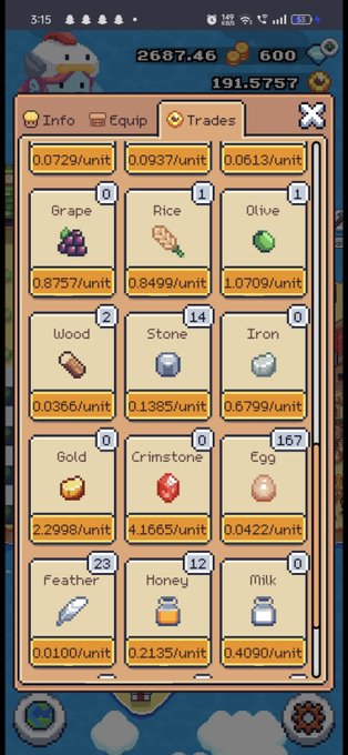 A mobile game trading interface showing resources like Grape, Rice, Olive, Wood, Stone, Iron, Gold, Crimsonite, Egg, Feather, Honey, and Milk with their unit prices.