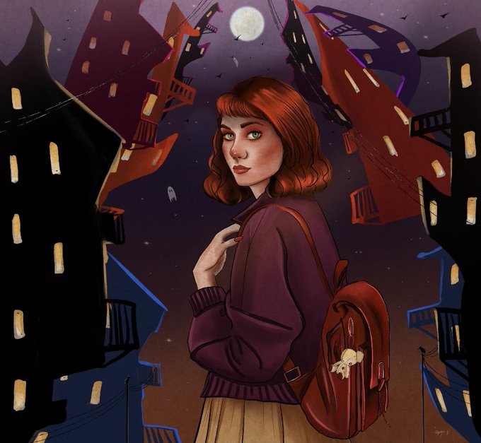 The image features a woman with red hair wearing a purple sweater, standing next to a building at night. She has a backpack on her back and appears to be looking up into the sky or observing something above her. The background of the image is filled with buildings, creating an urban atmosphere. The post includes text that reads "Sold Thank you so much for always supporting my art dear friend @mrbretjolliffe" and "Mysterious Path".