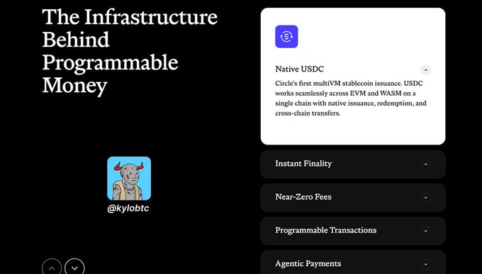 The image features a promotional graphic titled "The Infrastructure Behind Programmable Money," showcasing Injective's onchain finance stack with an expanded card highlighting "Native USDC"—Circle's first multi-VM stablecoin issuance that works across EVM and WASM on a single chain for issuance, redemption, and cross-chain transfers. Below the main card are expandable feature tabs for "Instant Finality," "Near-Zero Fees," "Programmable Transactions," and "Agentic Payments," visually supporting the post's claim that Injective is building more than just wallet-to-wallet transfers, but a full programmable money infrastructure.