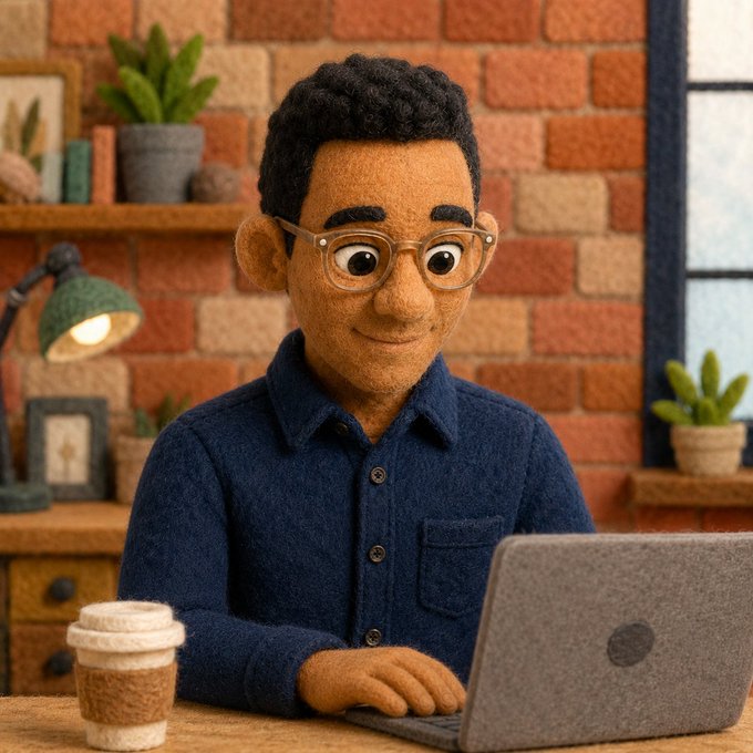 A felted wool-style 3D animated character of a young man with glasses, wearing a blue shirt, working on a laptop next to a coffee cup in a brick-walled room.