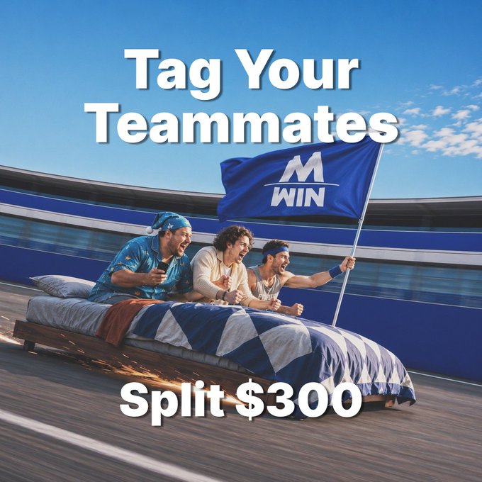 Three friends dressed as energetic teammates ride a flying bed holding a "MEXC WIN" flag, with text reading "Tag Your Teammates" and "Split $300" to promote the MEXC giveaway.