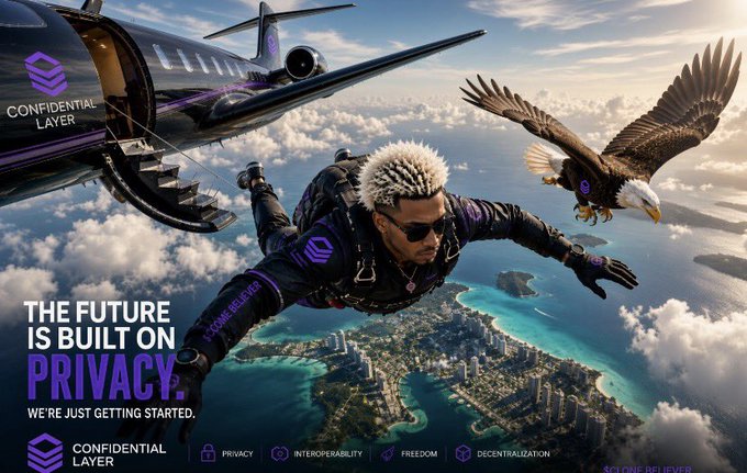 The image shows a man skydiving from a private jet alongside a bald eagle, soaring above a tropical island city, with the text "THE FUTURE IS BUILT ON PRIVACY. WE'RE JUST GETTING STARTED." promoting "Confidential Layer" with its core values (Privacy, Interoperability, Freedom, Decentralization). The post's reference to "$CLONE" and the speculative post-restructuring future of Web3 aligns with the image's bold, adventurous tone—suggesting Confidential Layer as a daring leap into the next era of decentralized privacy.