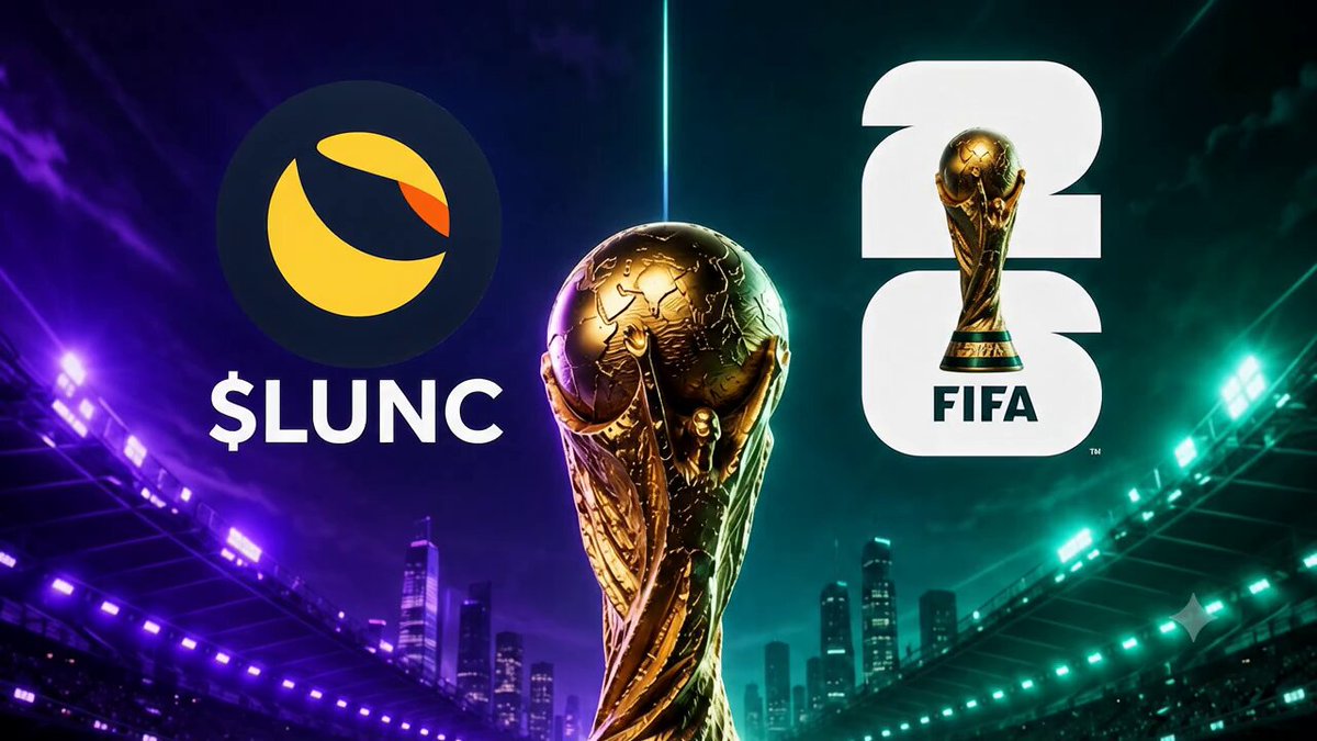 The image features a large golden trophy, likely representing the World Cup, placed prominently against a dark purple background with a city skyline visible through the center of the photo. The text "World Cup 2026 $LUNC is pumping" is written in white at the bottom right corner of the image. This suggests that there might be some connection between the trophy and the company Slunkc, possibly related to their involvement in the World Cup or a similar event.