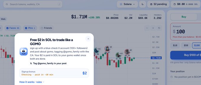 A trading interface displays the Solana ($SOL) token with a price of $1.71M, showing a pop-up offering 'Free $2 in SOL' for tagging @gomo_family.